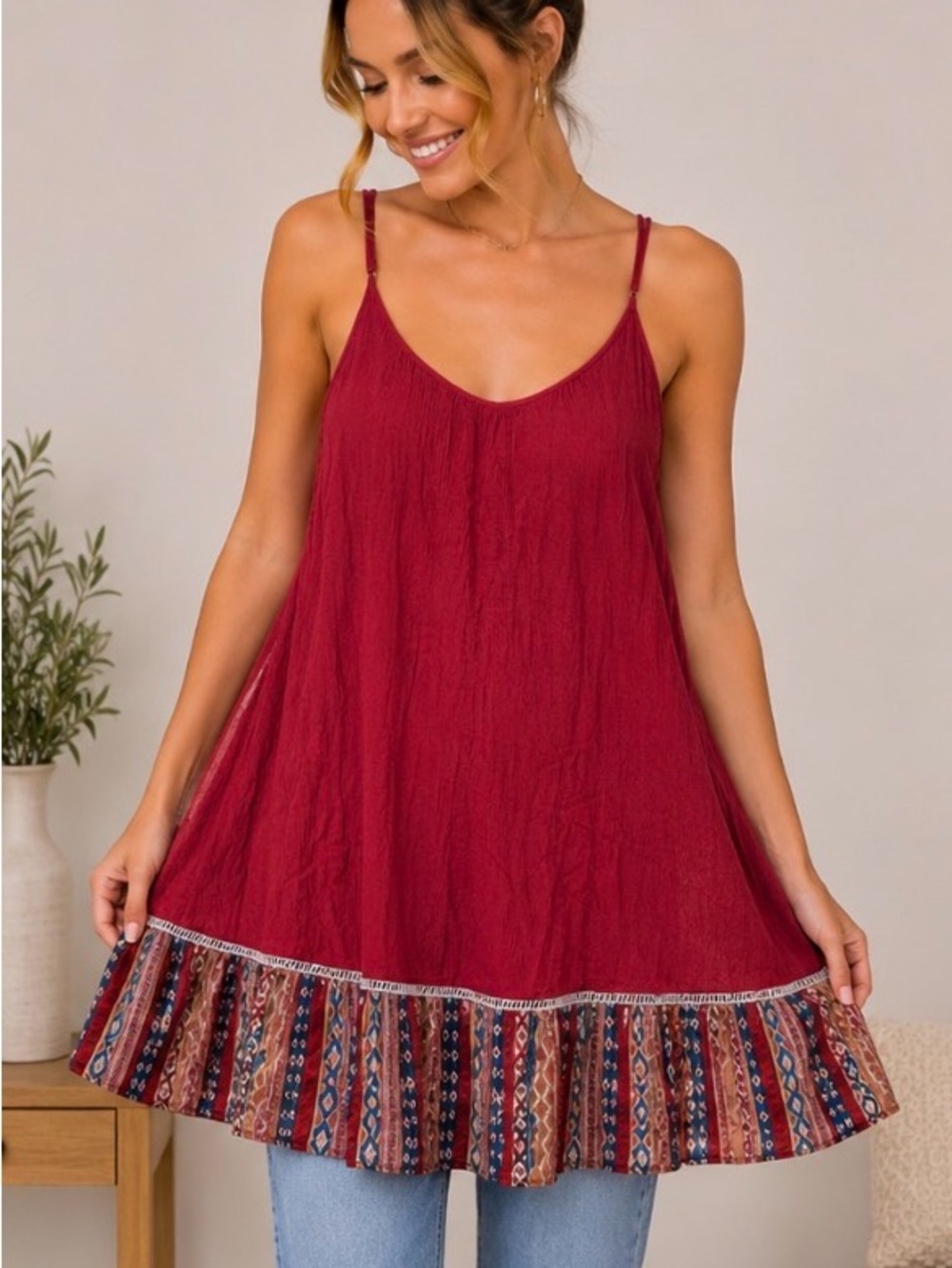 Entro Red Spaghetti Strap Tank with Patterned Trim